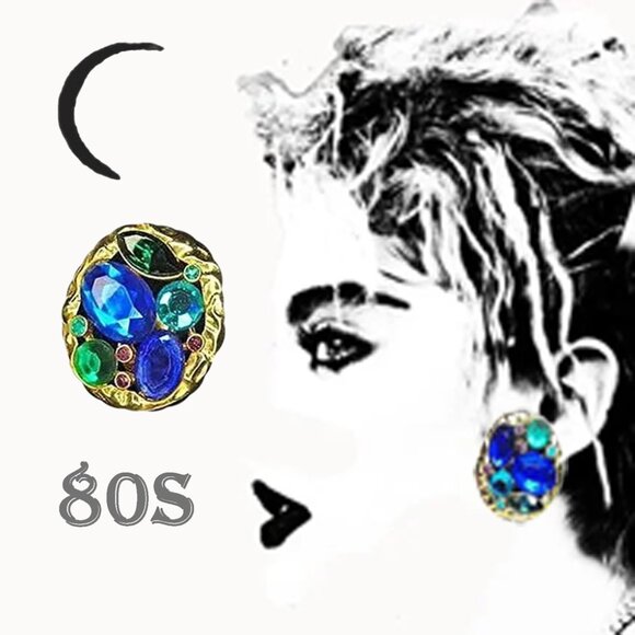 80s Vintage BIG Clip Earrings Blue & Green Rhinestone Clipons - Nostalgiacore - Picture 1 of 14